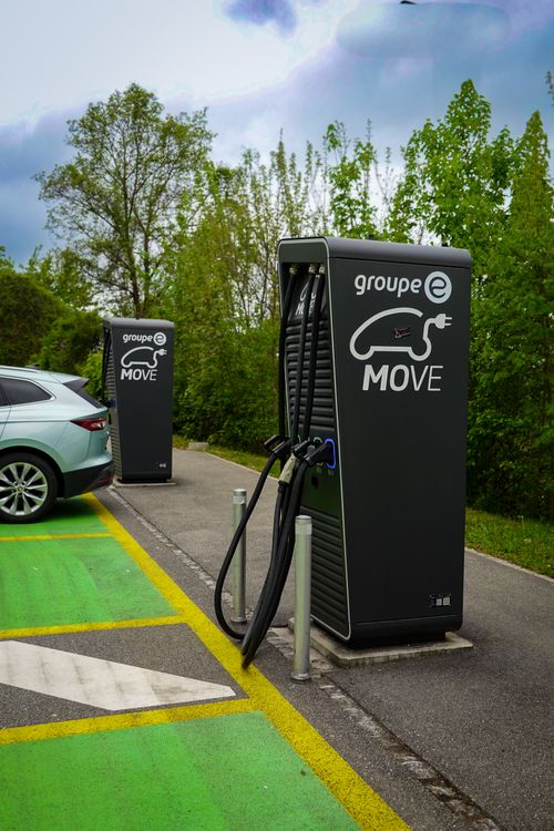Outdoor EV charging equipment, illustrative stock photograph